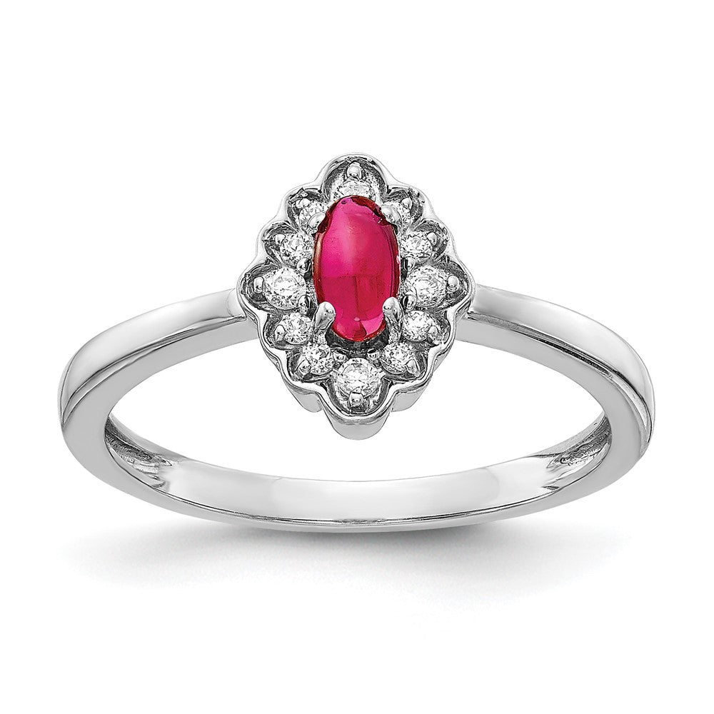 14k White Gold Diamond and Oval Cabochon Ruby Ring