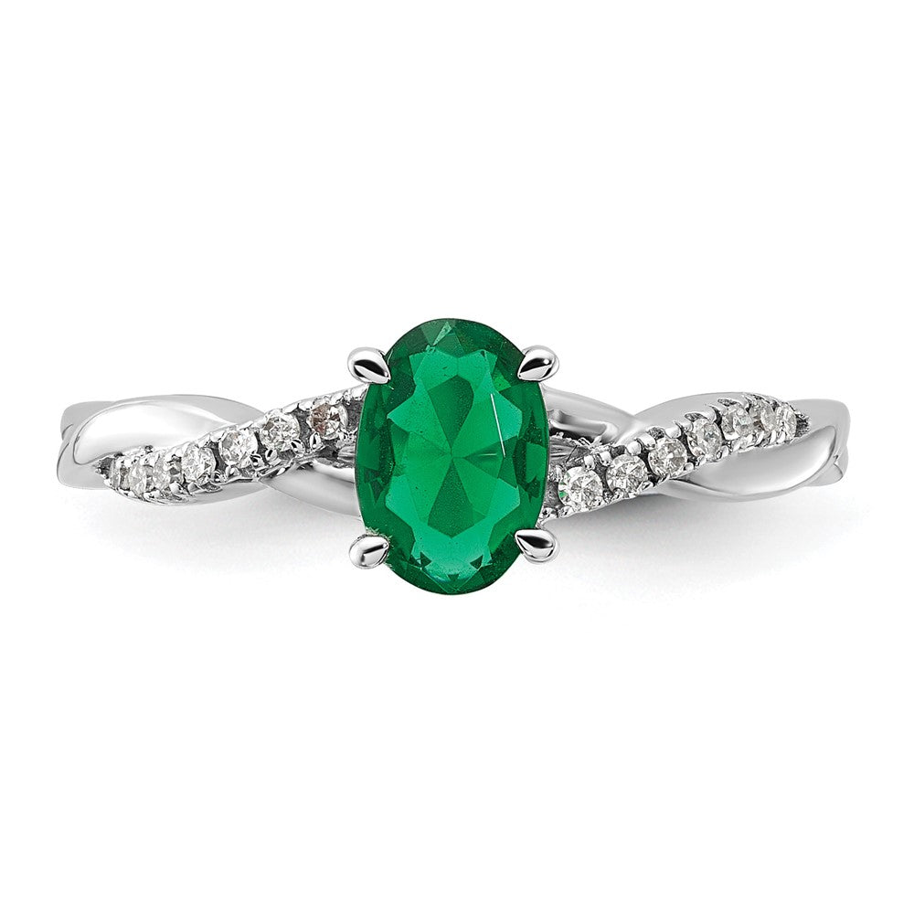 14K White Gold 7x5 Oval May/Lab Created Emerald and Diamond Size 7 Ring