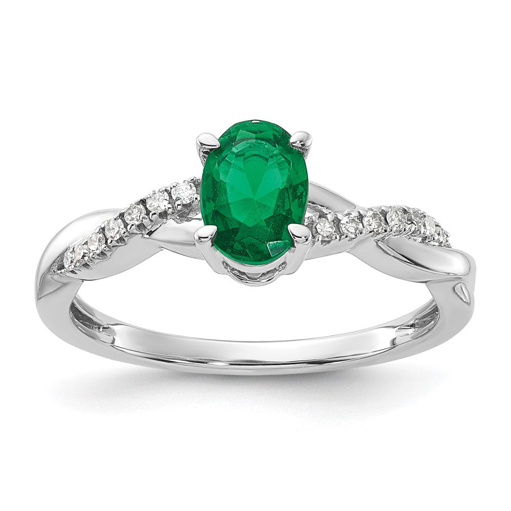 14K White Gold 7x5 Oval May/Lab Created Emerald and Diamond Size 7 Ring