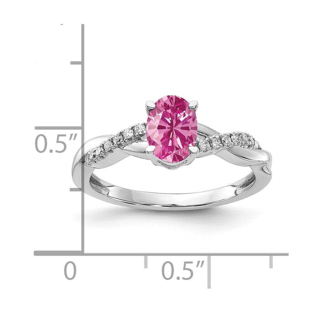 14K White Gold 7x5 Oval October/Lab Created Pink Sapphire and Diamond Size 7 Ring
