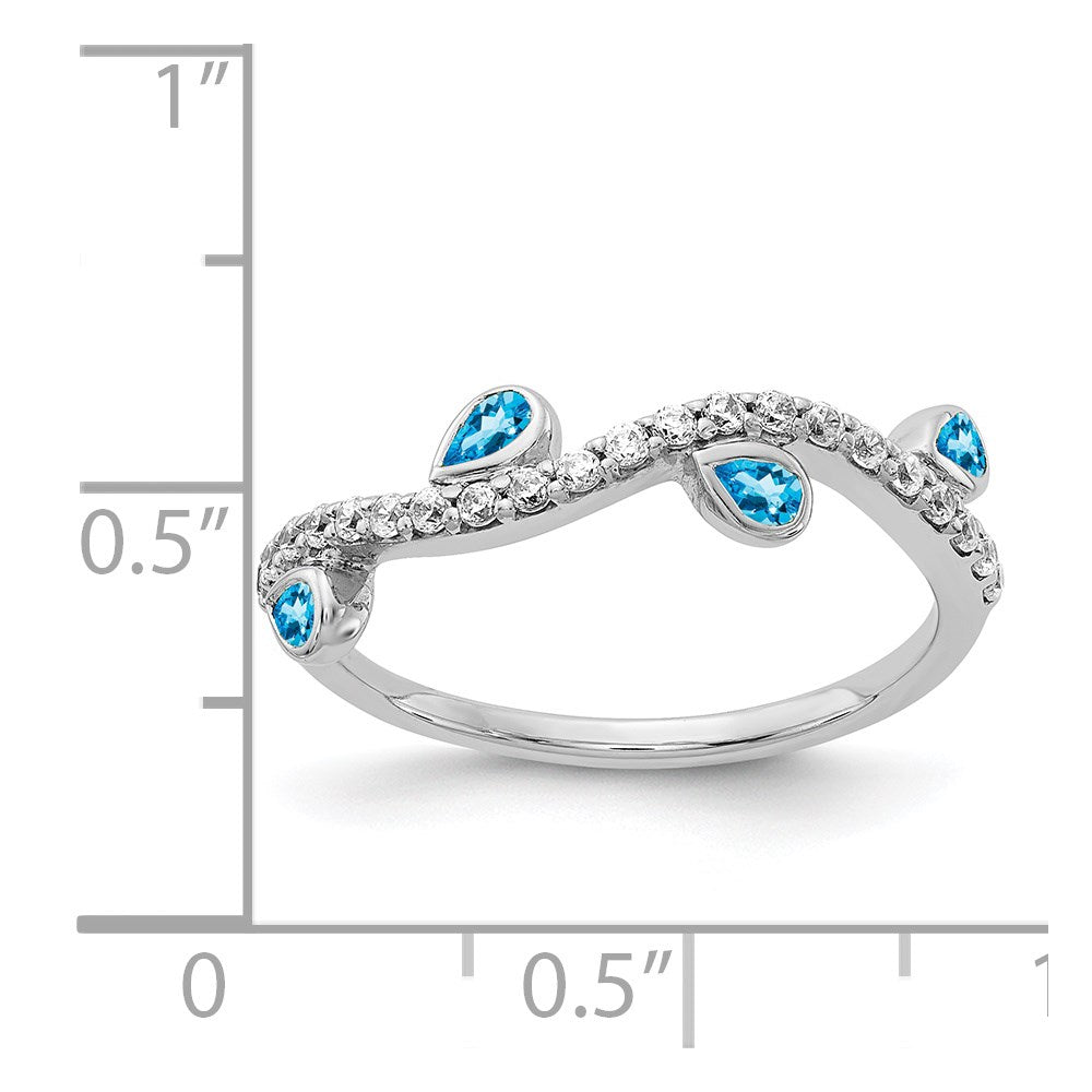 14k White Gold Diamond and Pear Blue Topaz Curved Ring