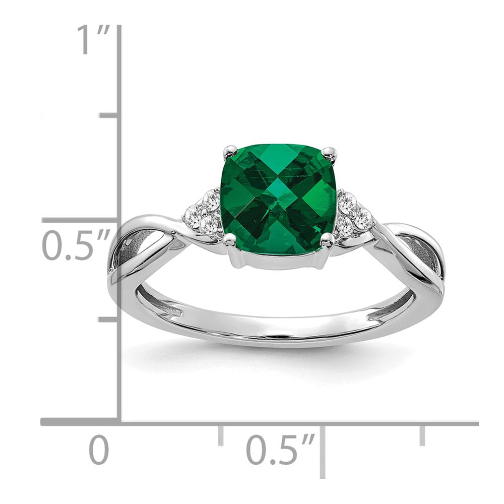 14k White Gold 7mm Cushion Checkerboard May/Lab Created Emerald and Diamond Ring