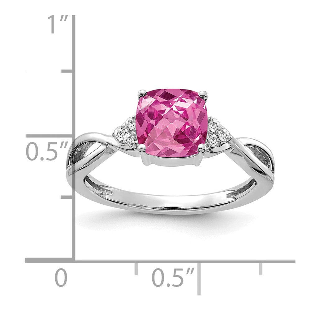 14k White Gold 7mm Cushion Checkerboard October/Lab Created Pink Sapphire and Diamond Ring