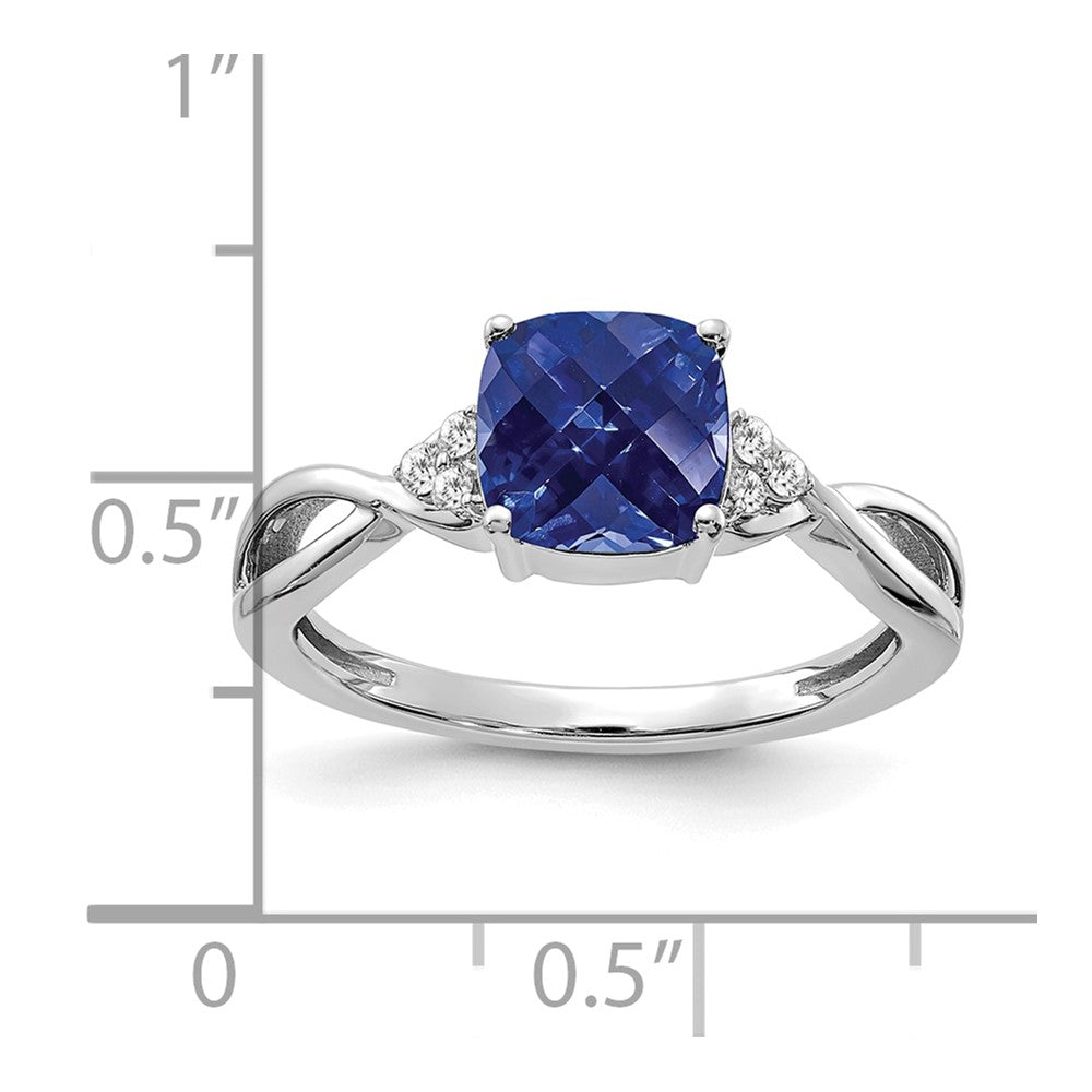 14k White Gold 7mm Cushion Checkerboard September/Lab Created Sapphire and Diamond Ring