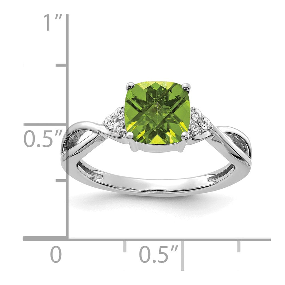 14k White Gold 7mm Cushion Checkerboard August/Peridot and Diamond Ring