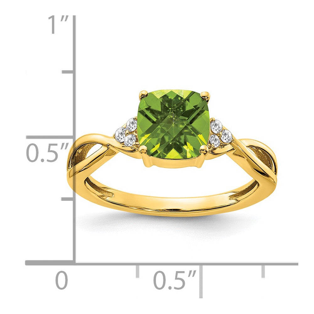 14k 7mm Cushion Checkerboard August/Peridot and Diamond Ring