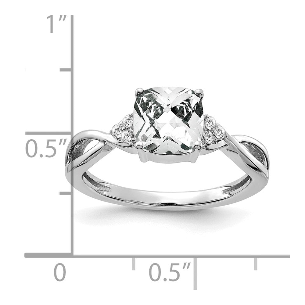 14k White Gold 7mm Cushion Checkerboard April/White Topaz and Diamond Ring