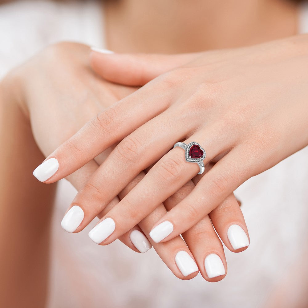 14k White Gold Heart Created Ruby and Diamond Halo Ring