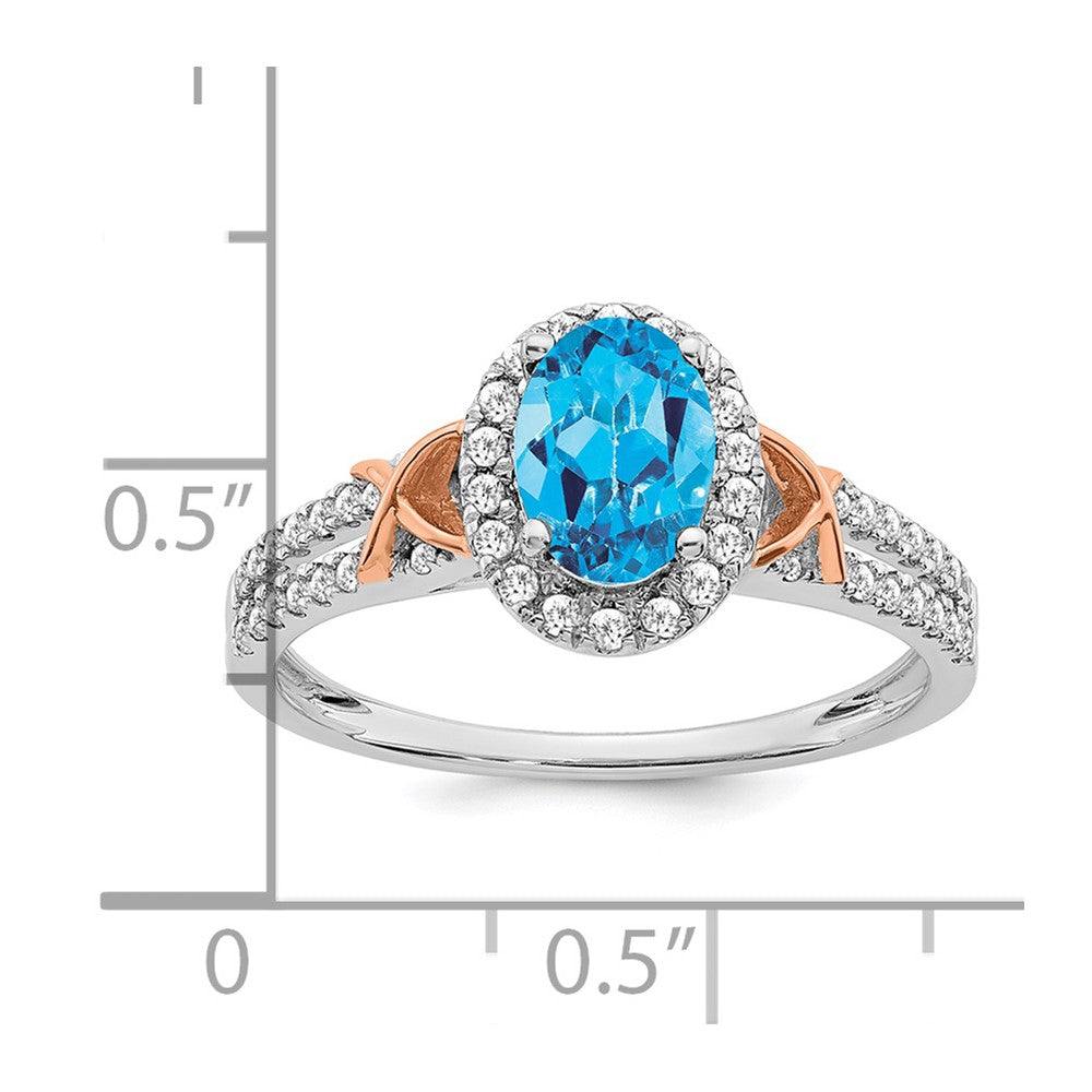 14k White Gold w/RG Accent Blue Topaz and Diamond Halo Ring