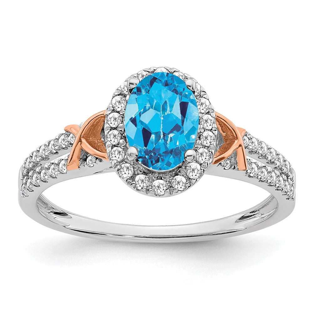 14k White Gold w/RG Accent Blue Topaz and Diamond Halo Ring