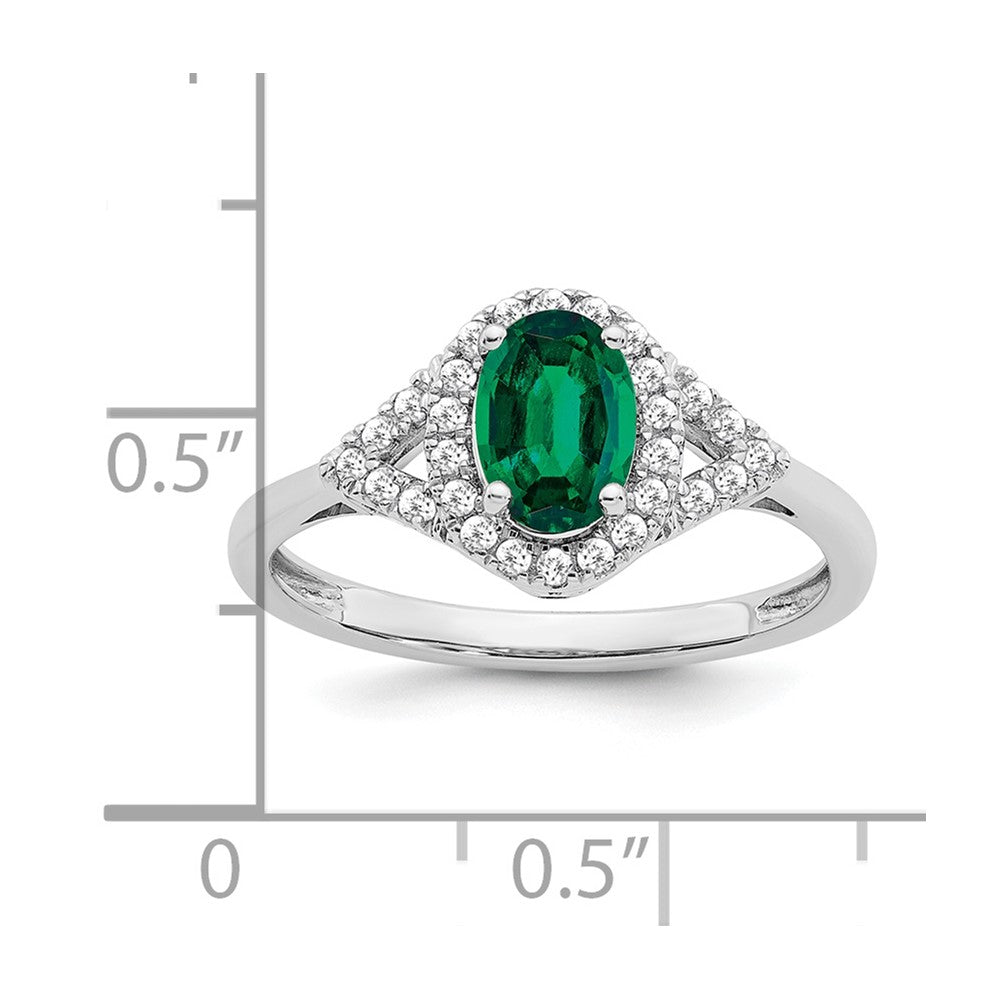 14k White Gold Oval Created Emerald and Diamond Ring