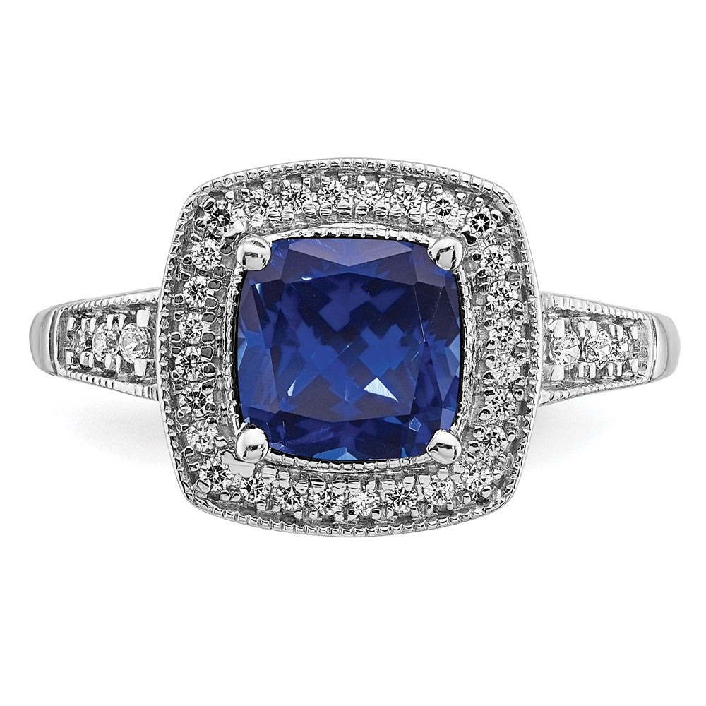 14k White Gold Cushion Created Sapphire and Diamond Halo Ring