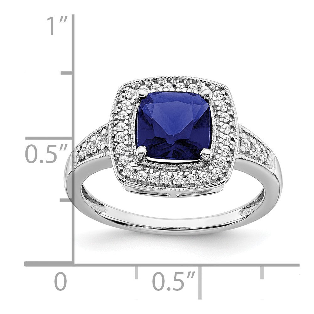 14k White Gold Cushion Created Sapphire and Diamond Halo Ring