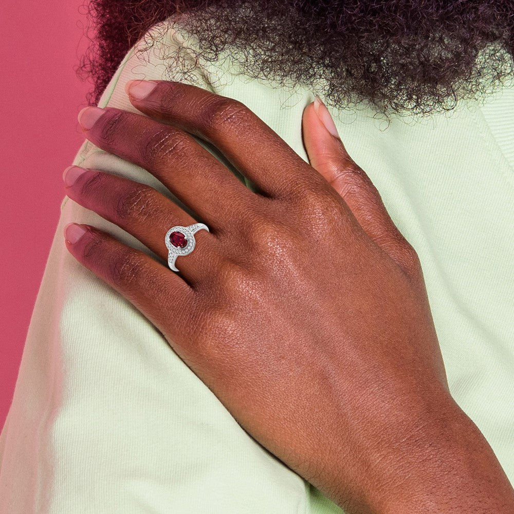 14k White Gold Oval Created Ruby and Diamond Halo Ring