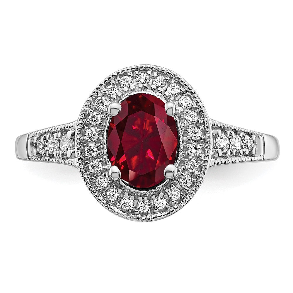 14k White Gold Oval Created Ruby and Diamond Halo Ring