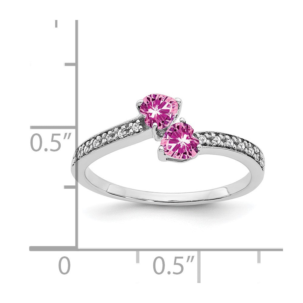 14k White Gold Created Pink Sapphire and Diamond 2-stone Heart Ring