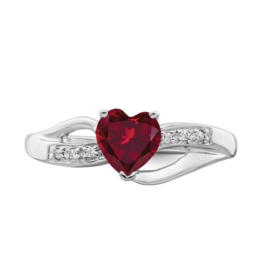 14k White Gold Created Ruby and Diamond Heart Ring