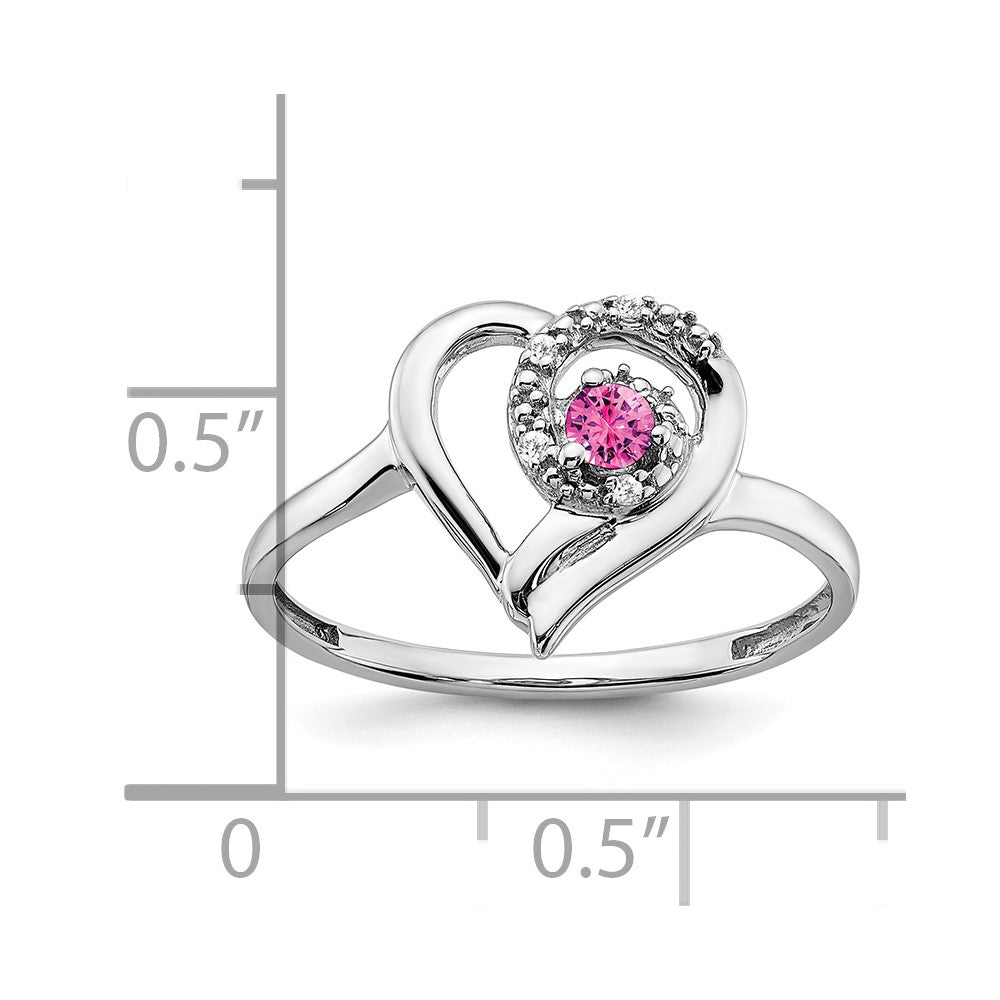 14k White Gold Created Pink Sapphire and Diamond Heart Ring