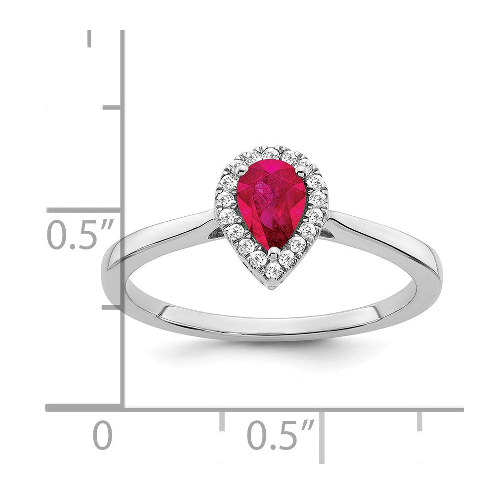14k White Gold Pear Ruby and Diamond Halo Ring