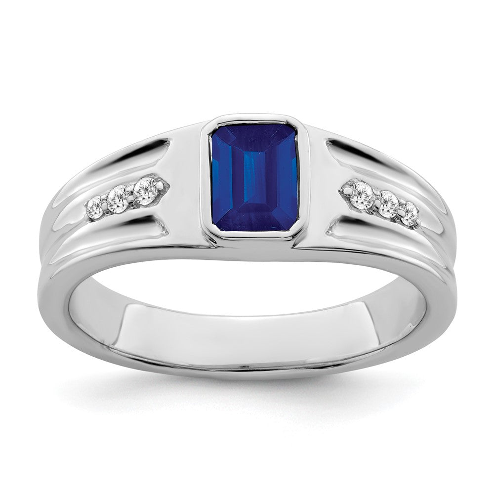 14k White Gold Created Sapphire and Diamond Mens Ring