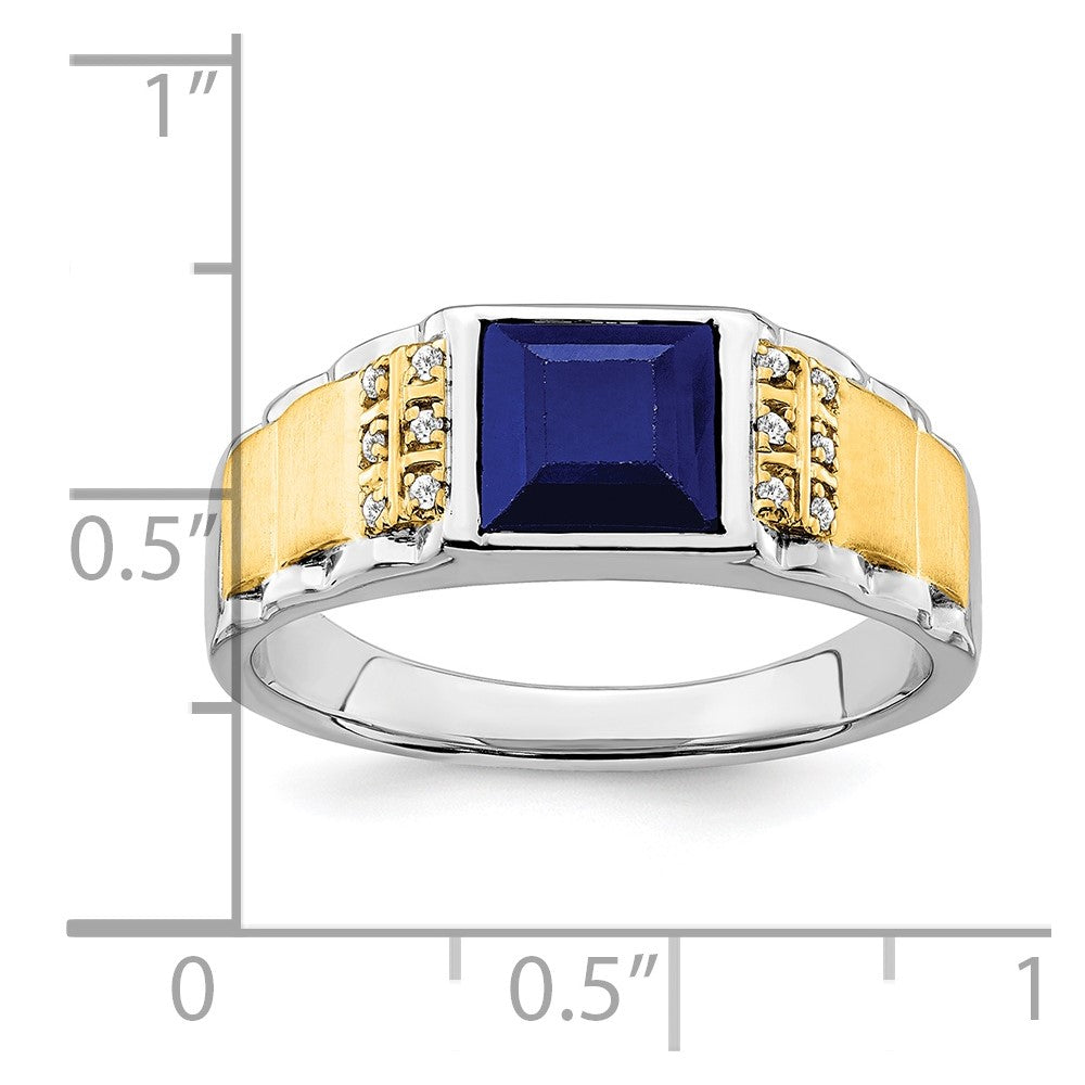 14k Two-tone Created Sapphire and Diamond Mens Ring