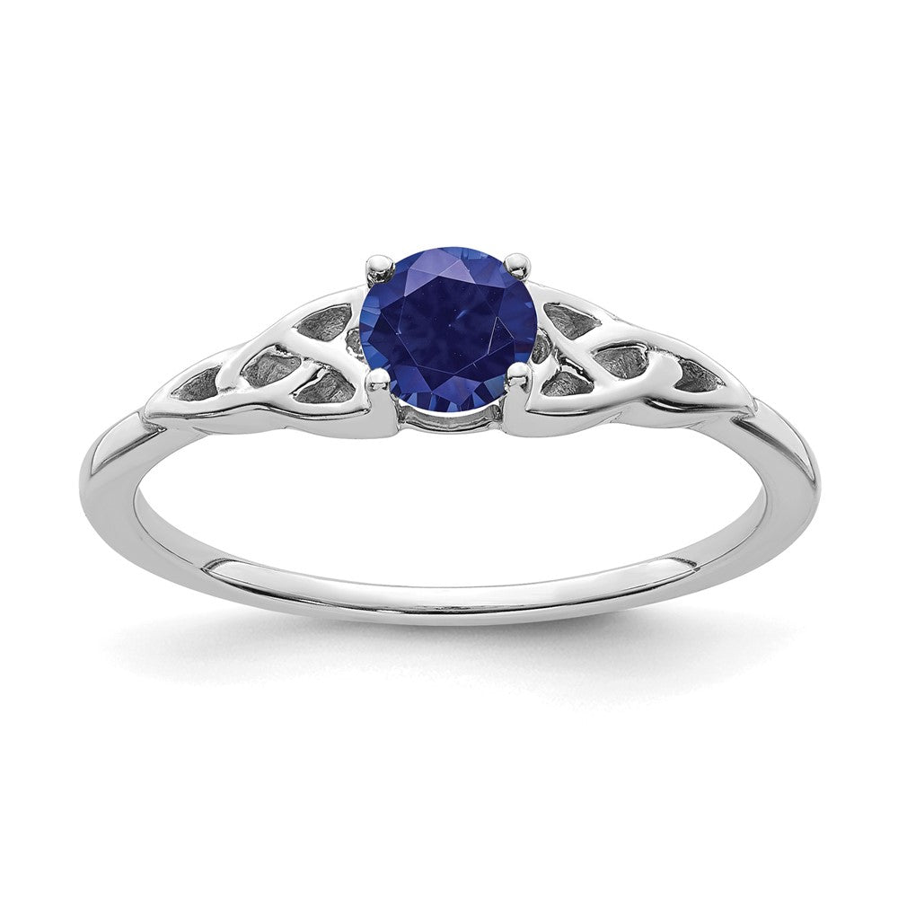14K White Gold 4.5mm Round Lab Created Sapphire Celtic Knot Ring