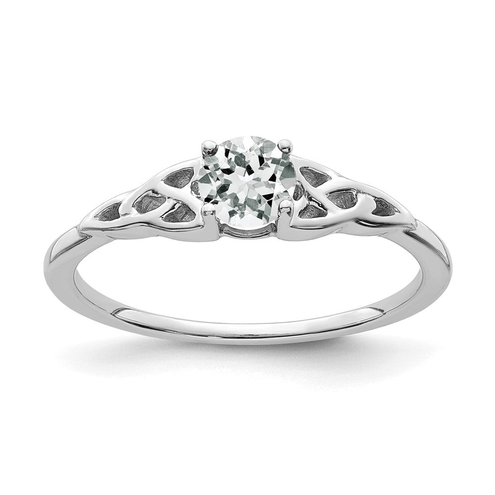 14K White Gold 4.5mm Round White Topaz Celtic Knot Ring