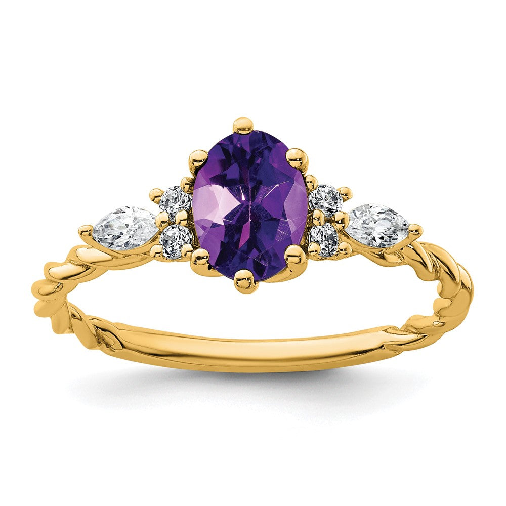 14K Diamond and 7x5 Oval February/Amethyst Size 7 Twisted Ring