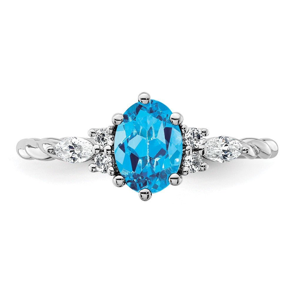 14K White Gold Diamond and 7x5 Oval December/Blue Topaz Size 7 Twisted Ring