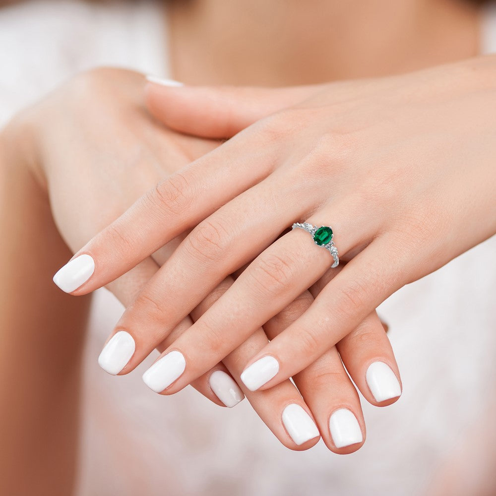 14K White Gold Diamond and 7x5 Oval May/Lab Created Emerald Size 7 Twisted Ring