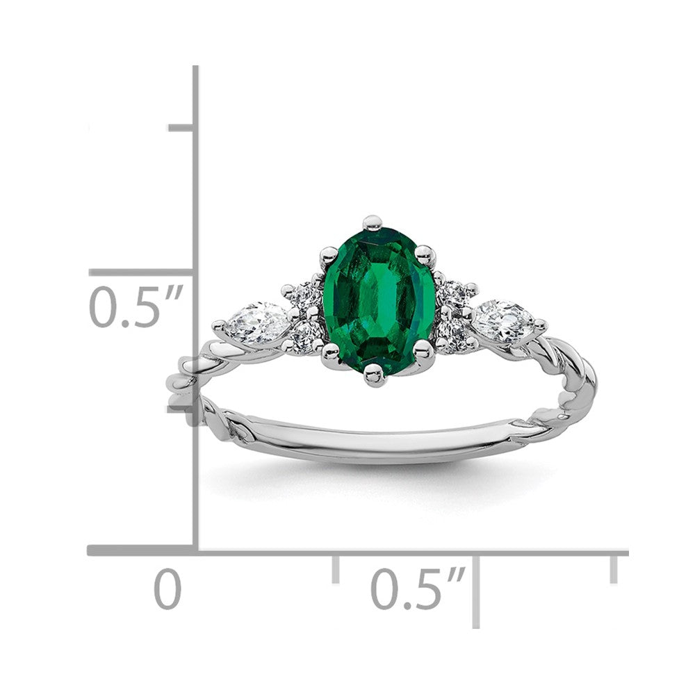 14K White Gold Diamond and 7x5 Oval May/Lab Created Emerald Size 7 Twisted Ring