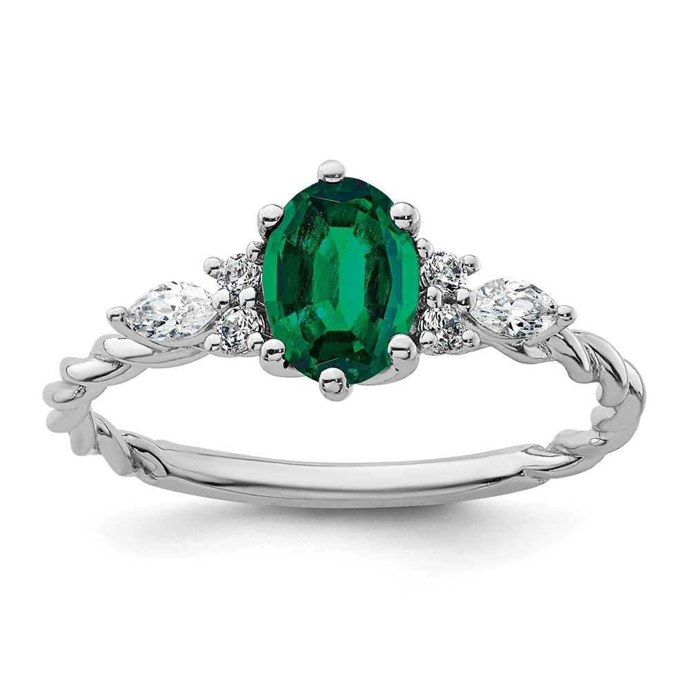 14K White Gold Diamond and 7x5 Oval May/Lab Created Emerald Size 7 Twisted Ring