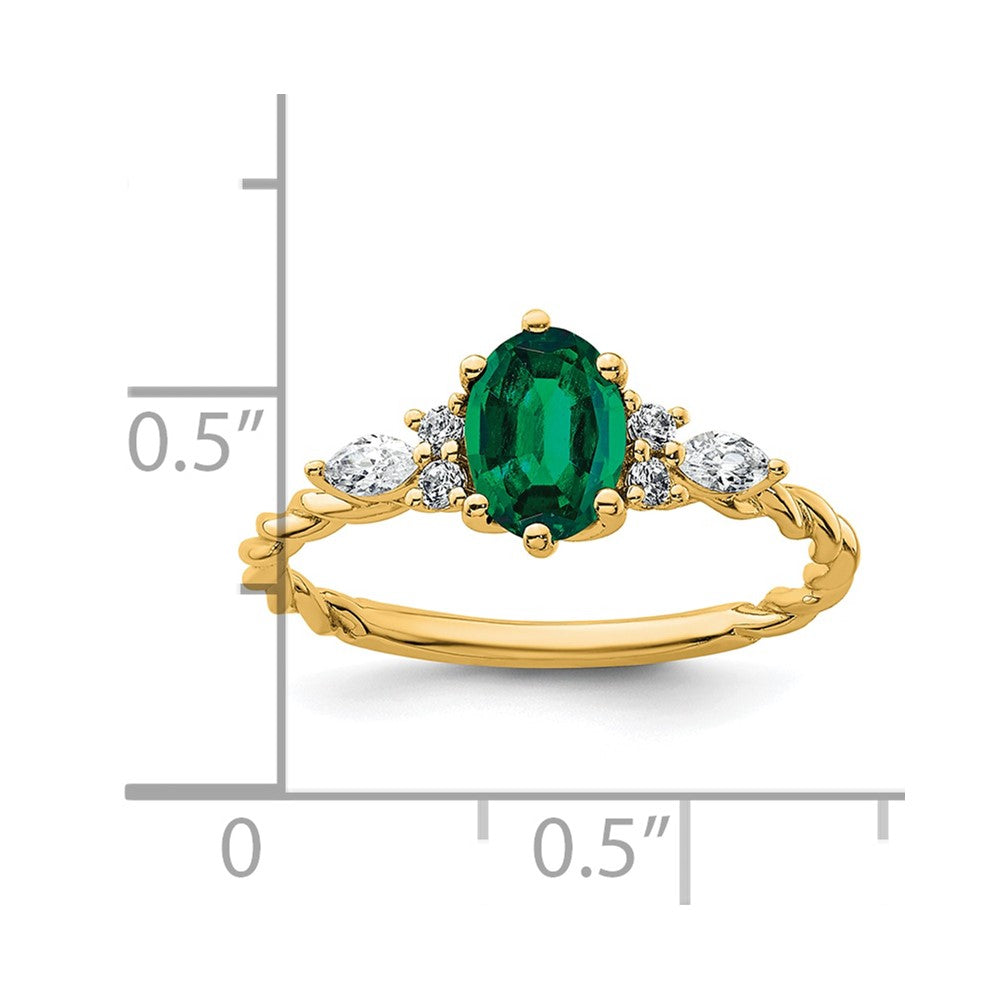 14K Diamond and 7x5 Oval May/Lab Created Emerald Size 7 Twisted Ring
