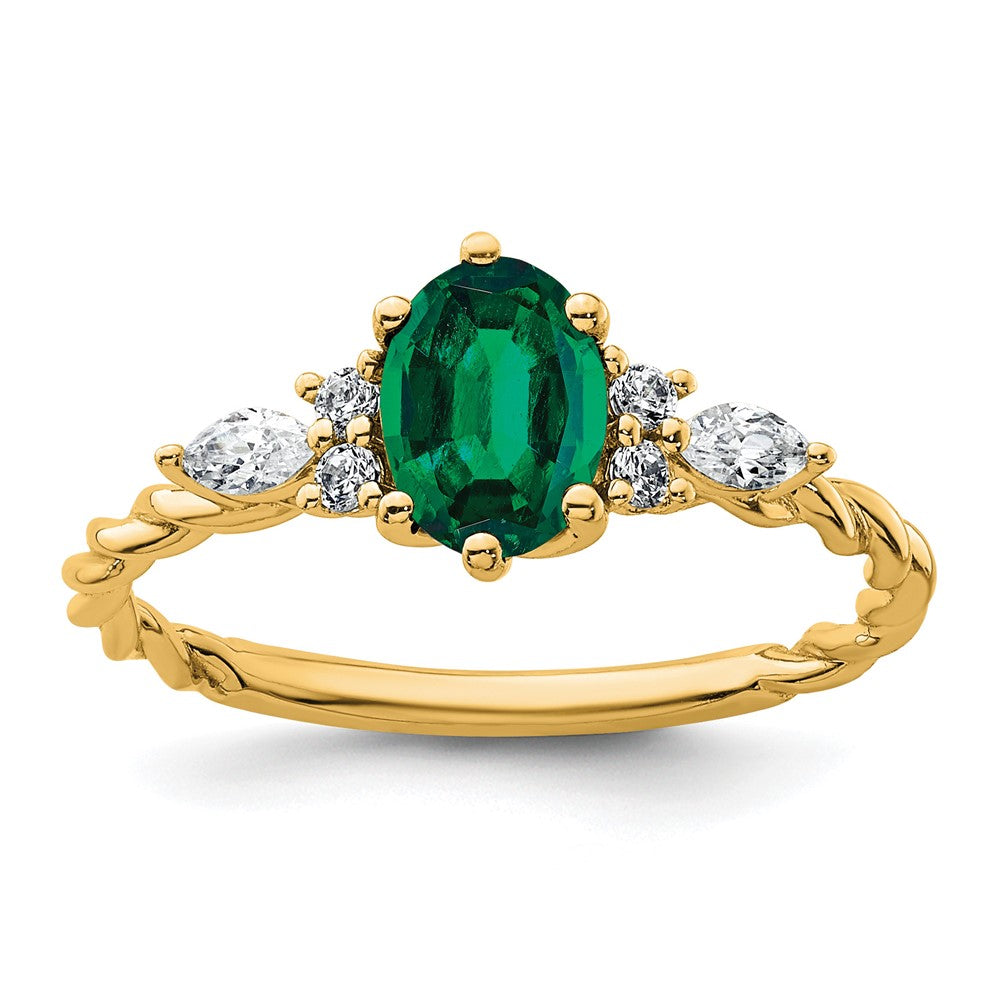 14K Diamond and 7x5 Oval May/Lab Created Emerald Size 7 Twisted Ring