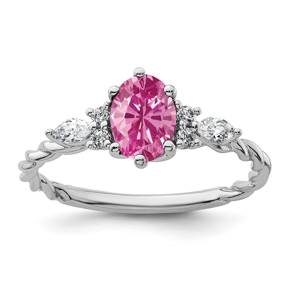 14K White Gold Diamond and 7x5 Oval October/Lab Created Pink Sapphire Size 7 Twisted Ring