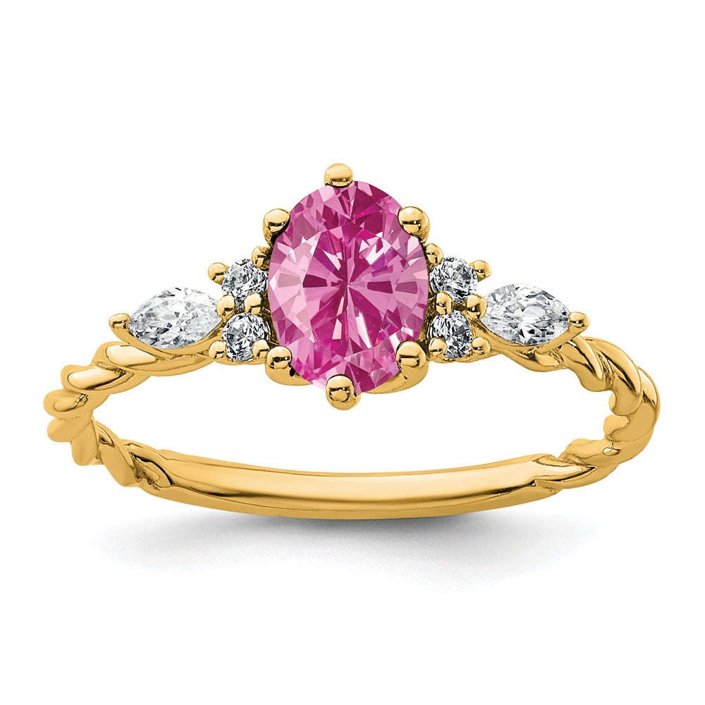 14K Diamond and 7x5 Oval October/Lab Created Pink Sapphire Size 7 Twisted Ring