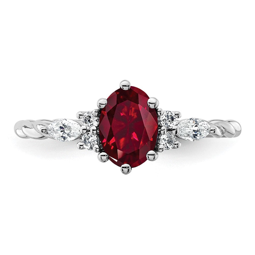 14K White Gold Diamond and 7x5 Oval July/Lab Created Ruby Size 7 Twisted Ring