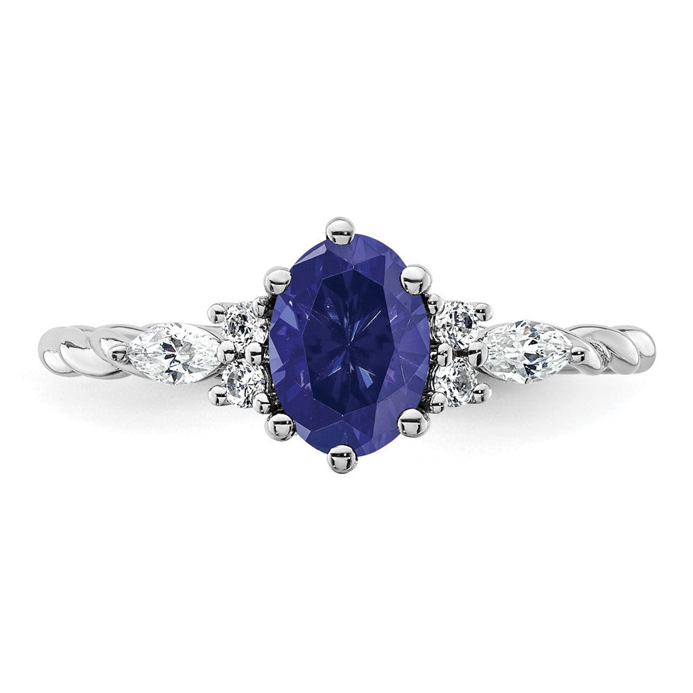 14K White Gold Diamond and 7x5 Oval September/Lab Created Sapphire Size 7 Twisted Ring