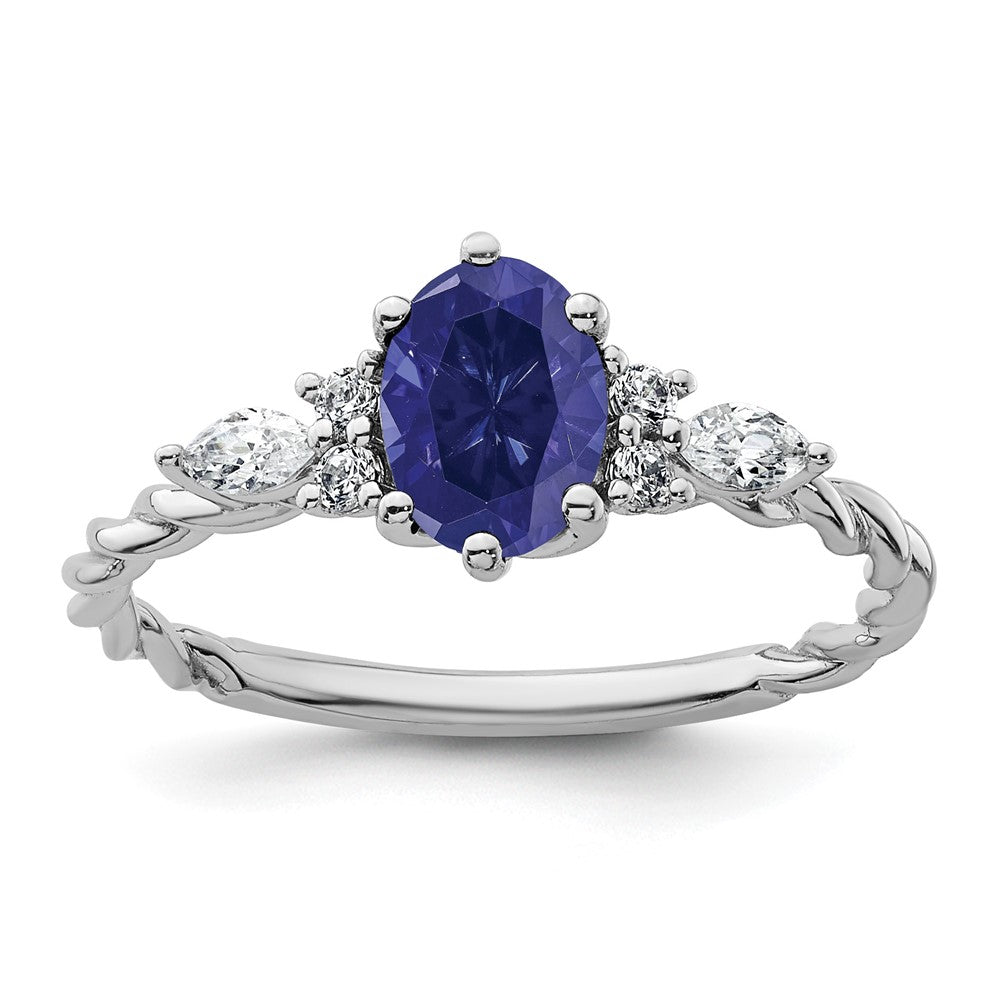 14K White Gold Diamond and 7x5 Oval September/Lab Created Sapphire Size 7 Twisted Ring