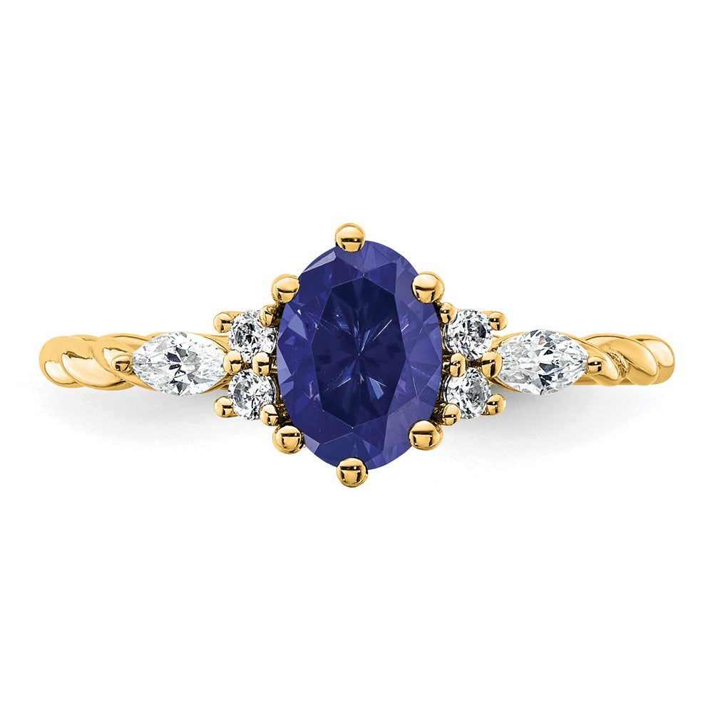 14K Diamond and 7x5 Oval September/Lab Created Sapphire Size 7 Twisted Ring