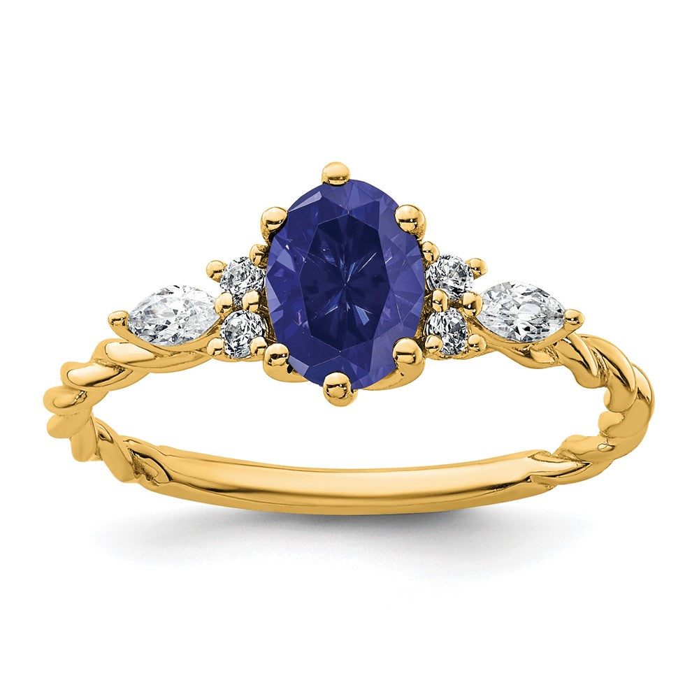 14K Diamond and 7x5 Oval September/Lab Created Sapphire Size 7 Twisted Ring