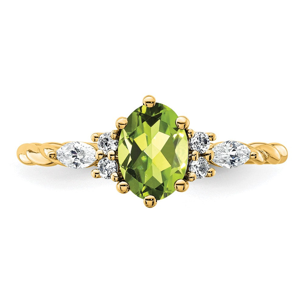 14K Diamond and 7x5 Oval August/Peridot Size 7 Twisted Ring