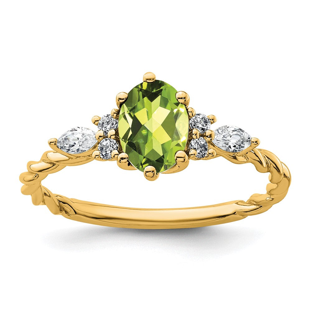 14K Diamond and 7x5 Oval August/Peridot Size 7 Twisted Ring