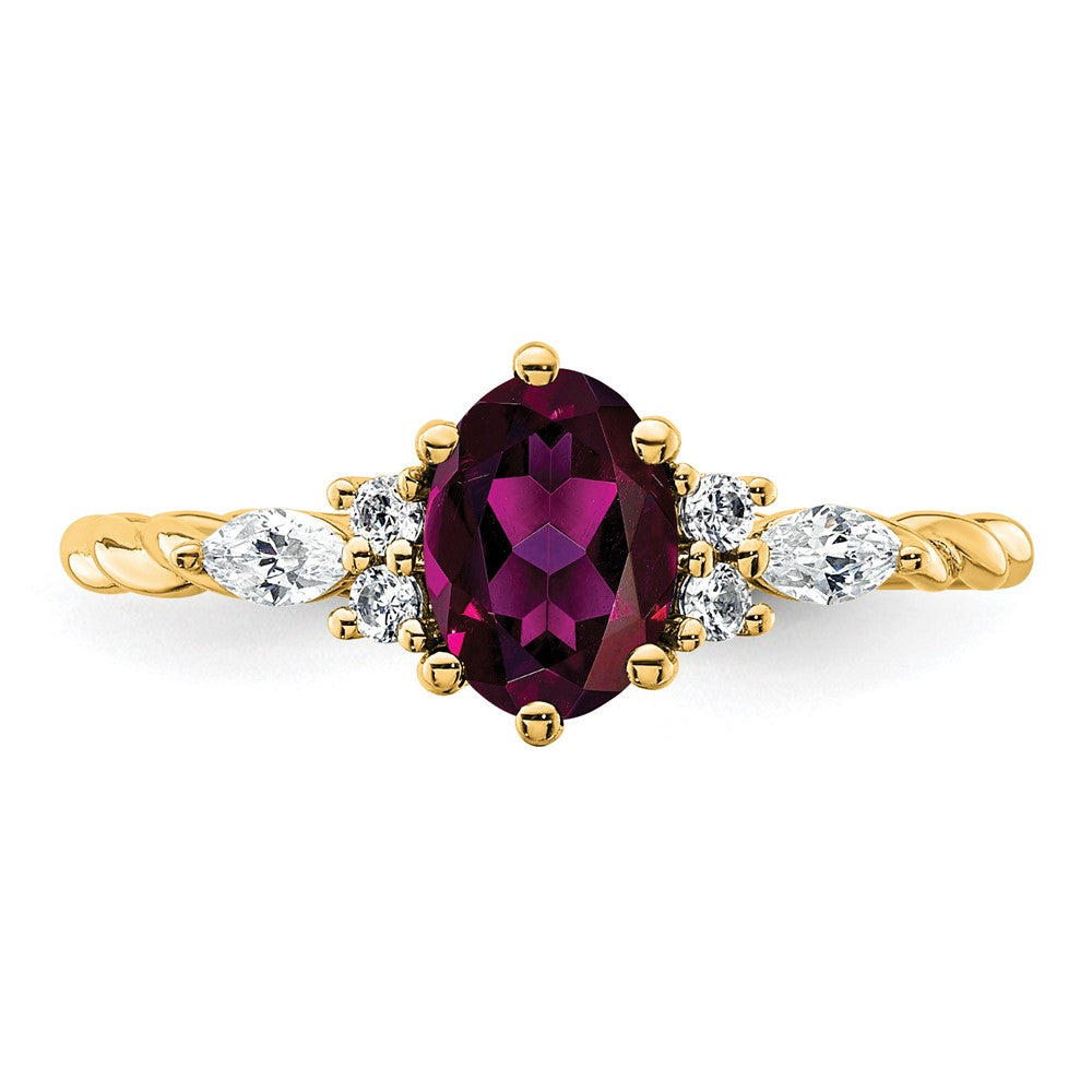 14K Diamond and 7x5 Oval June/Rhodolite Garnet Size 7 Twisted Ring