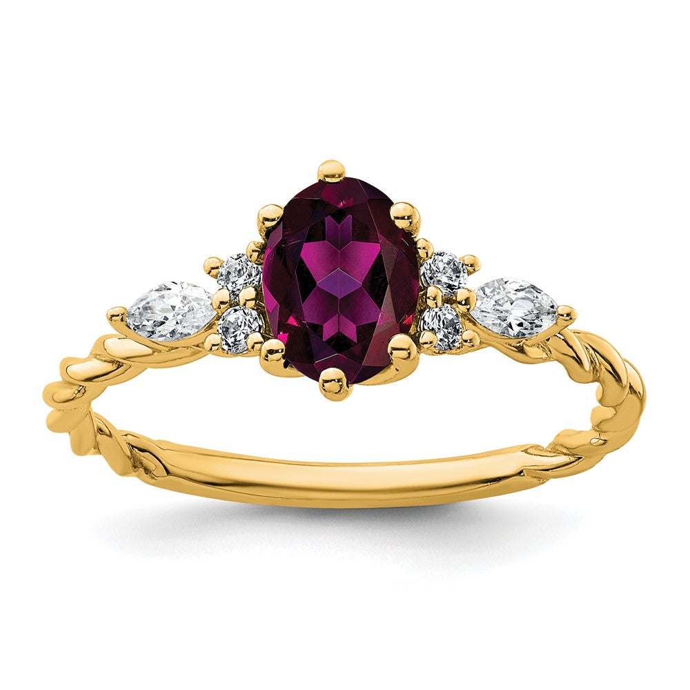 14K Diamond and 7x5 Oval June/Rhodolite Garnet Size 7 Twisted Ring