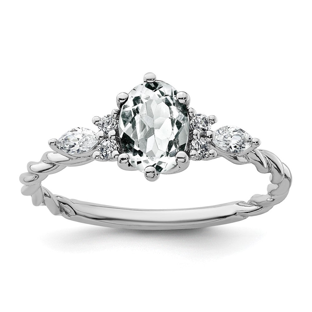 14K White Gold Diamond and 7x5 Oval April/White Topaz Size 7 Twisted Ring