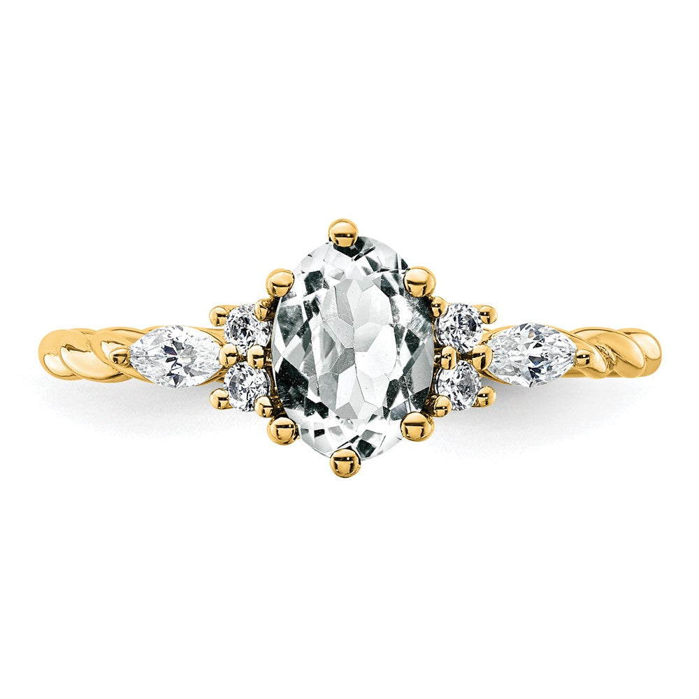 14K Diamond and 7x5 Oval April/White Topaz Size 7 Twisted Ring