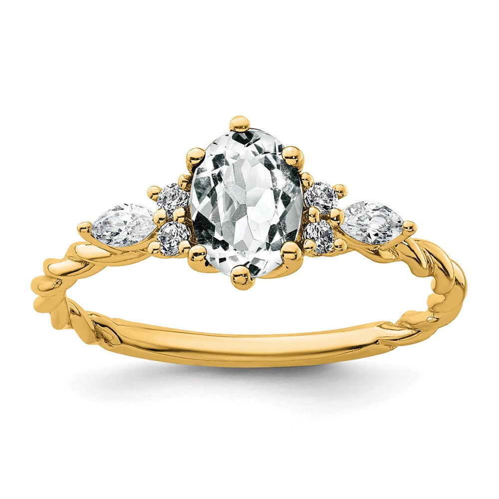 14K Diamond and 7x5 Oval April/White Topaz Size 7 Twisted Ring