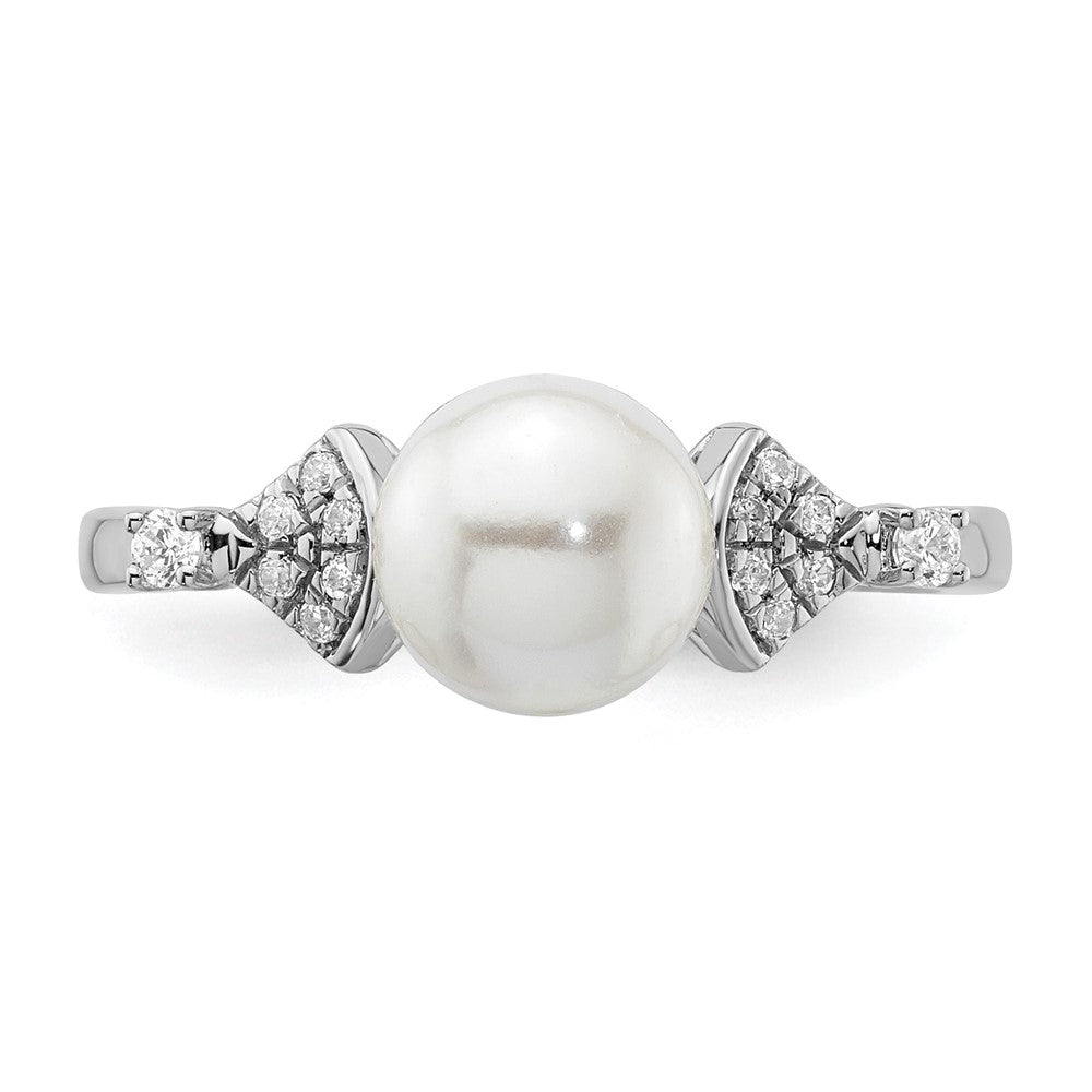 14K White Gold Polished 1/10 carat Diamond and White Freshwater Cultured Pearl Size 7 Ring