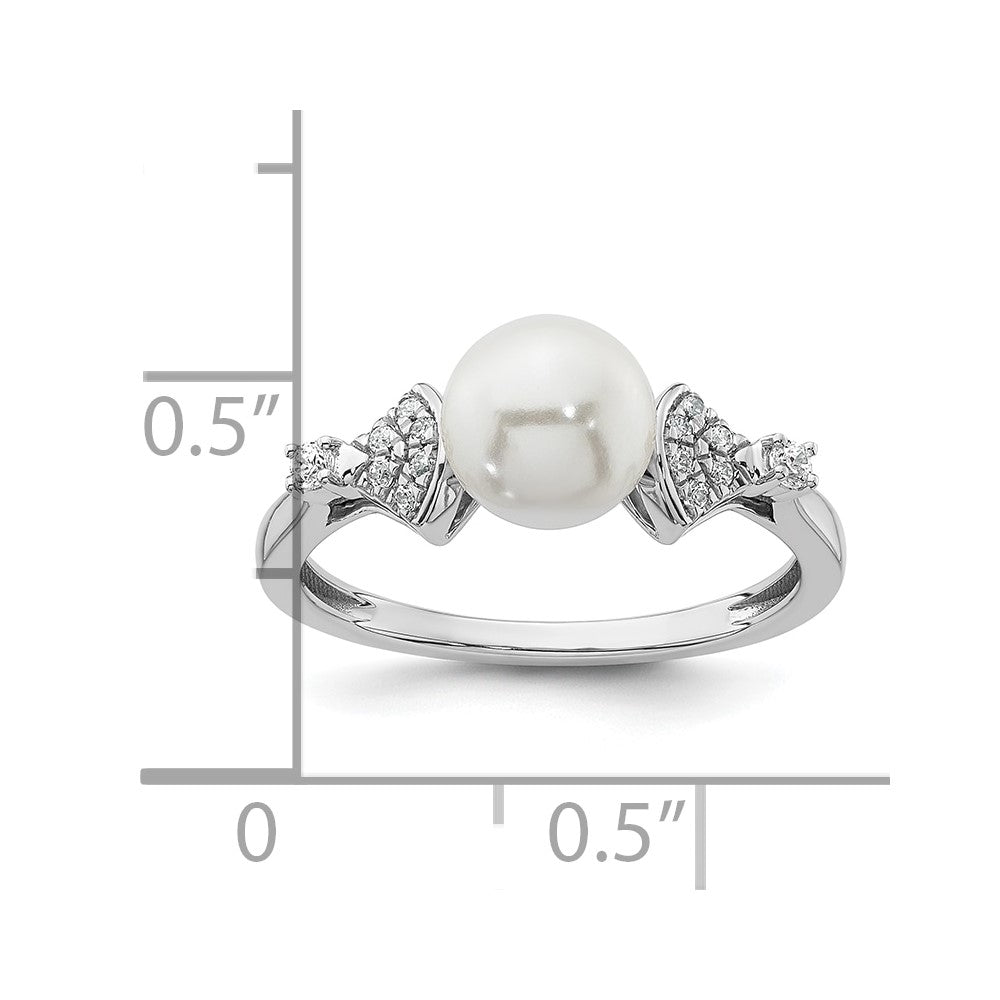 14K White Gold Polished 1/10 carat Diamond and White Freshwater Cultured Pearl Size 7 Ring